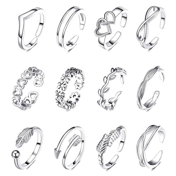 Silver Adjustable Open Toe Rings - Set of 12 - Picture 1 of 6